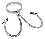 Chrome Slave Collar with Nipple Clamps - MediumLarge