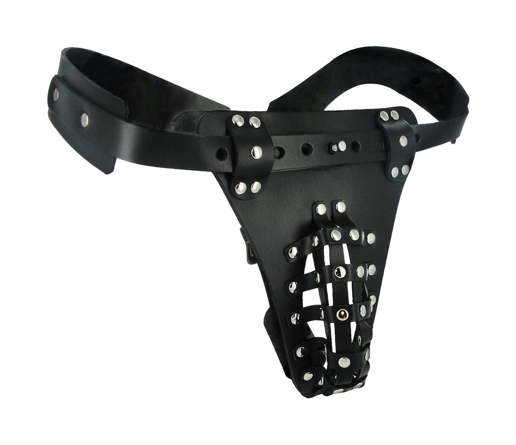 The Safety Net Leather Male Chastity Belt with Anal Plug Harness