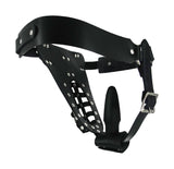 The Safety Net Leather Male Chastity Belt with Anal Plug Harness