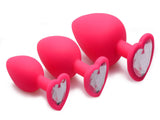 Pink Hearts 3 Piece Silicone Anal Plugs with Gems Accent